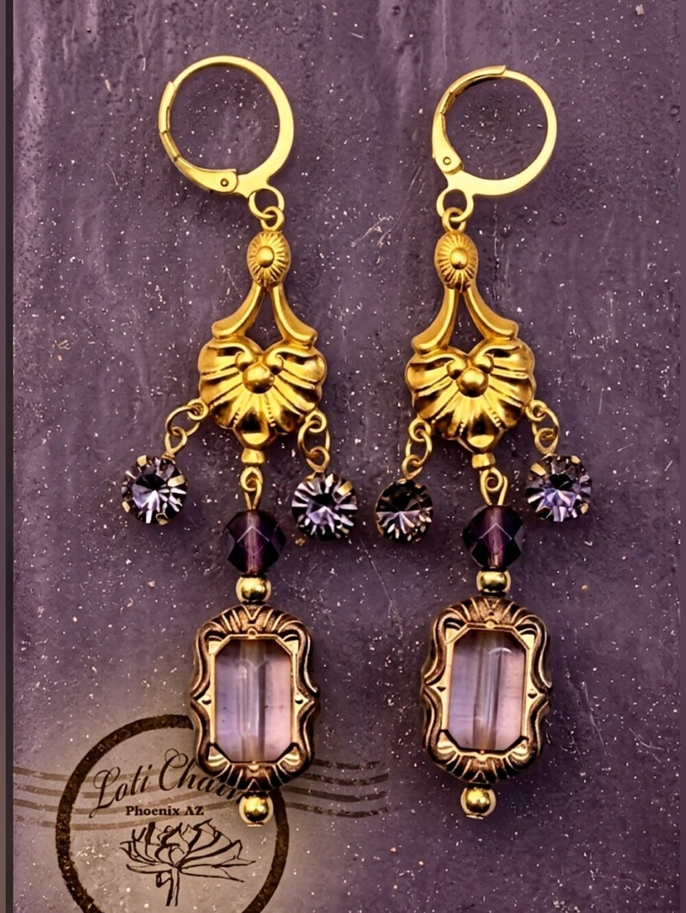 Victorian Chandelier Lavender Swarovski Crystals In Gold Plated Ornate Earrings